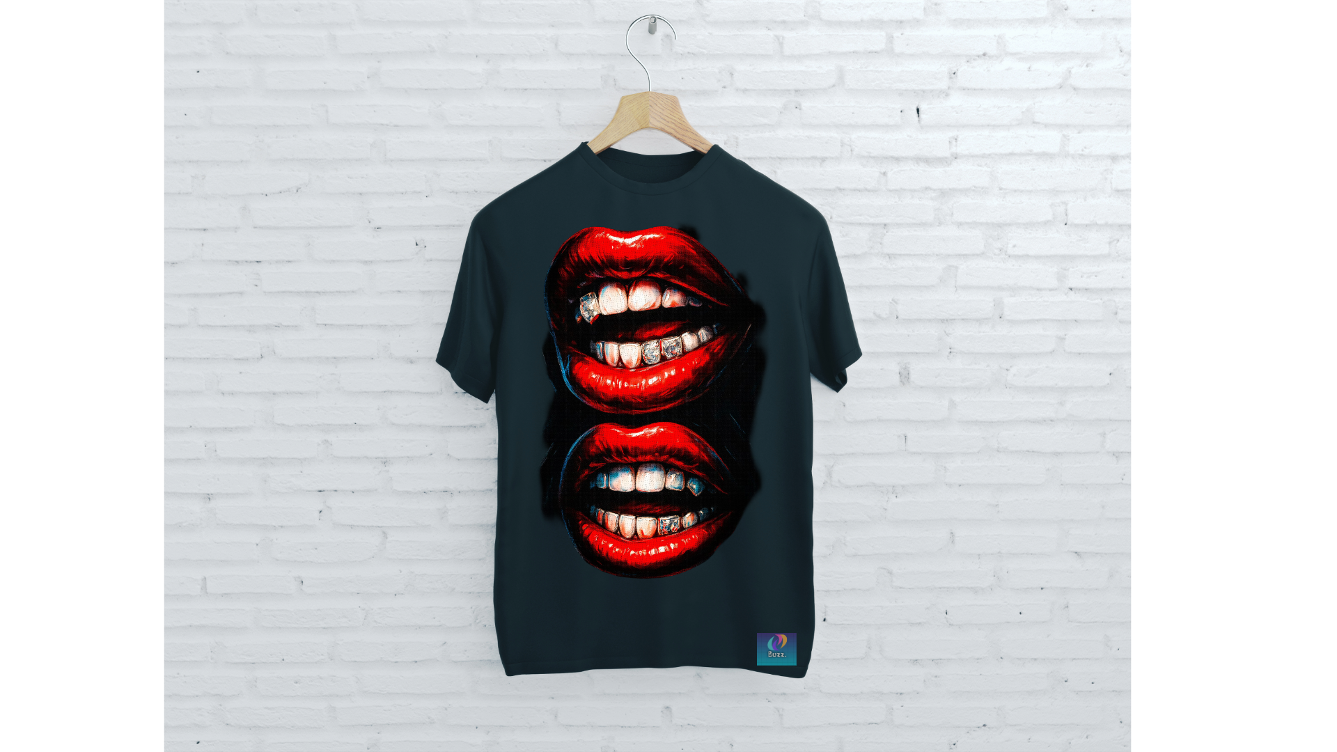 Black t-shirt with graphic design of red lips and teeth on a white brick wall background