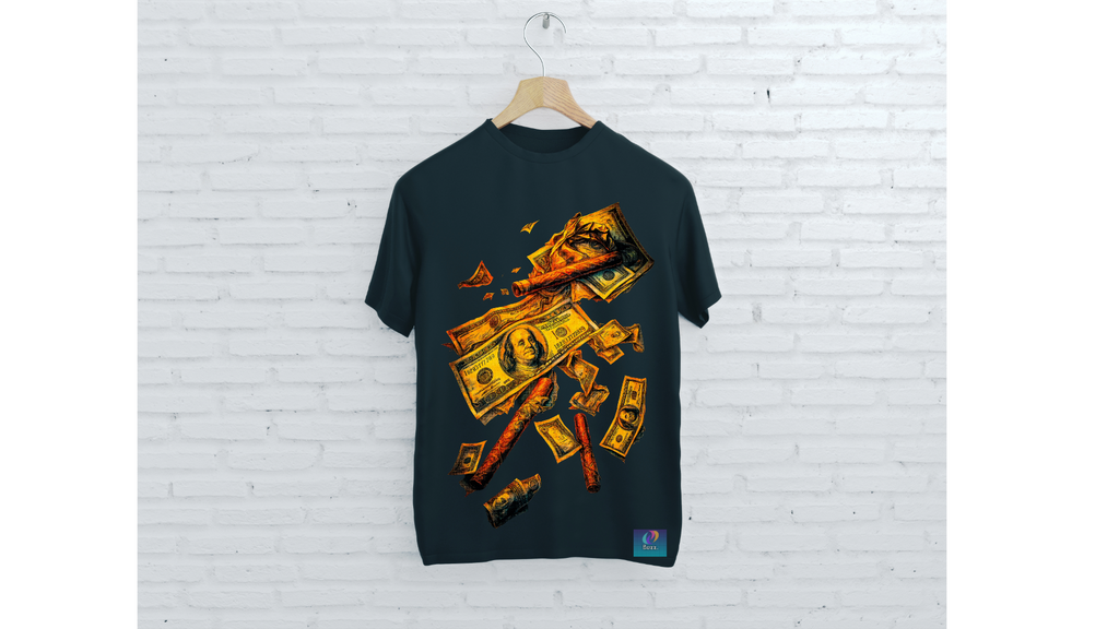 Black t-shirt with a colorful graphic design on a wooden hanger against a white brick wall.