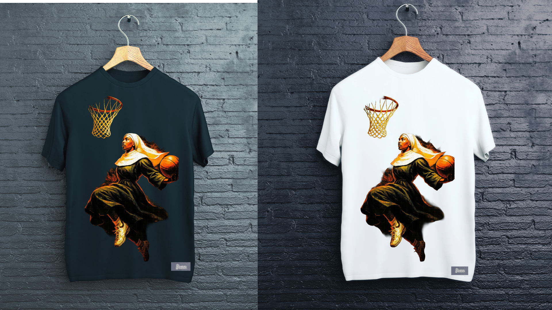 Two t-shirts with artistic designs of a basketball player and hoop on hangers against a brick wall.