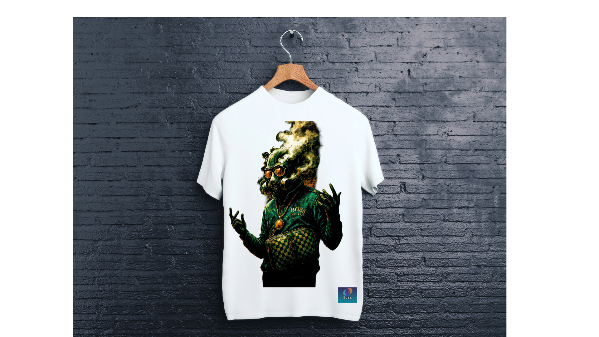 White t-shirt with a graphic design of a creature