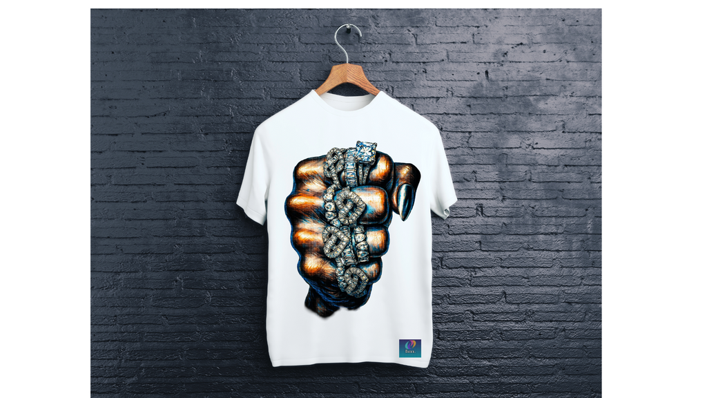 White t-shirt with a graphic design on a wooden hanger against a dark brick wall.