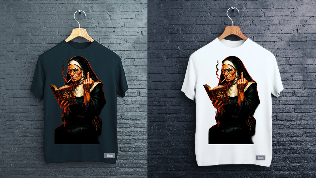 Two t-shirts with a nun design on a brick wall background