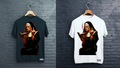 Two t-shirts with a nun design on a brick wall background