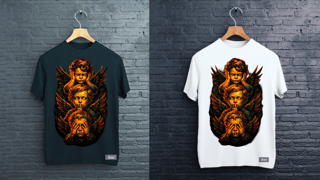Black and white t-shirts with a graphic design of faces and wings on hangers against a brick wall.