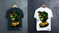 Two t-shirts with artistic designs on hangers against a brick wall background.