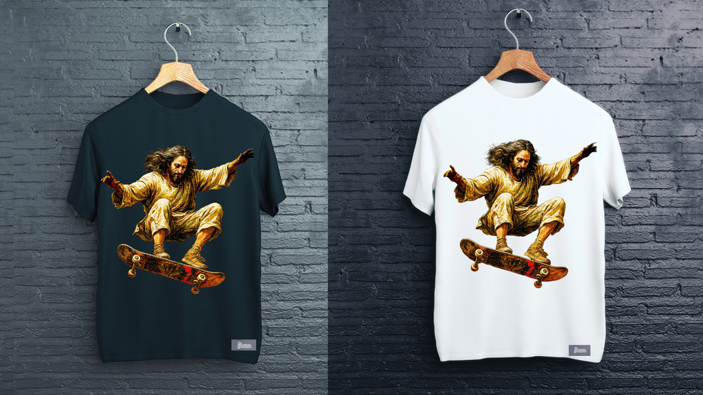Two t-shirts with a graphic of a person on a skateboard on a brick wall background.