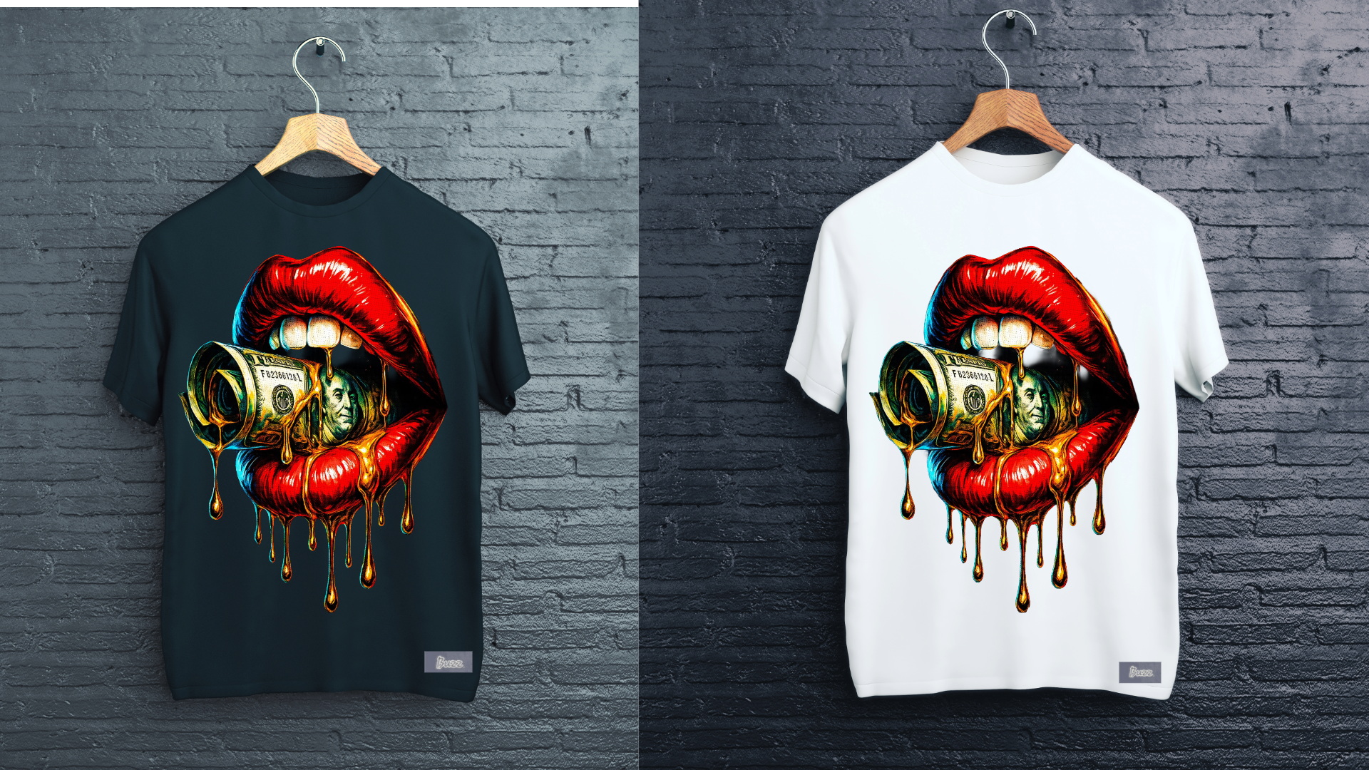 Black and white t-shirts with graphic design of red lips and money on hangers against a brick wall.