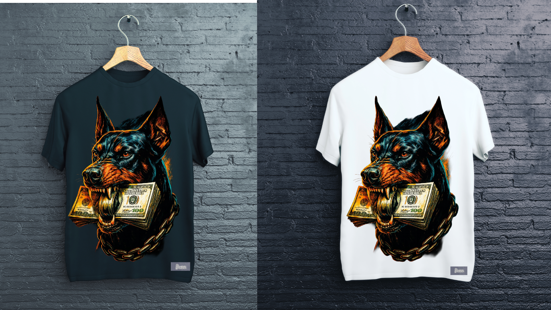 Black and white t-shirts with a dog holding money design on a brick wall background.