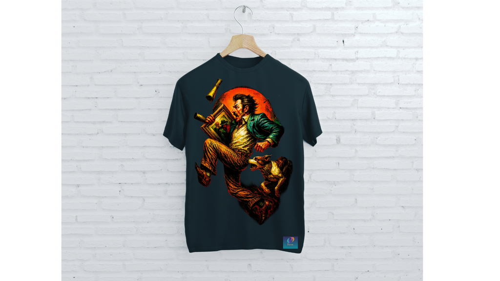 Black t-shirt with a colorful graphic design on a wooden hanger against a white brick wall.