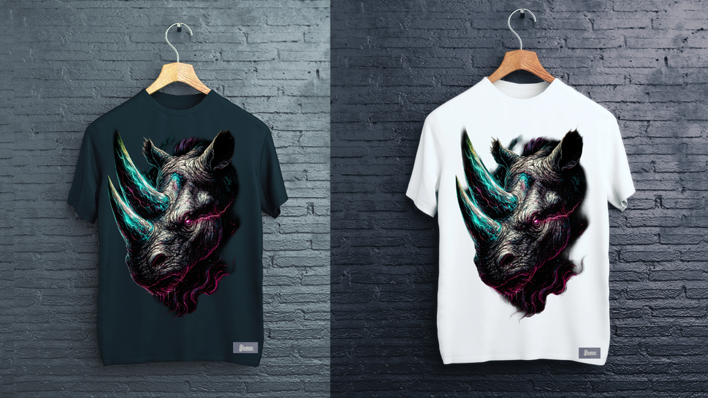 Black and white t-shirts with a wolf design on a brick wall background