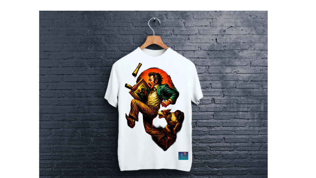 White t-shirt with graphic design of a person playing guitar on a hanger against a dark brick wall.