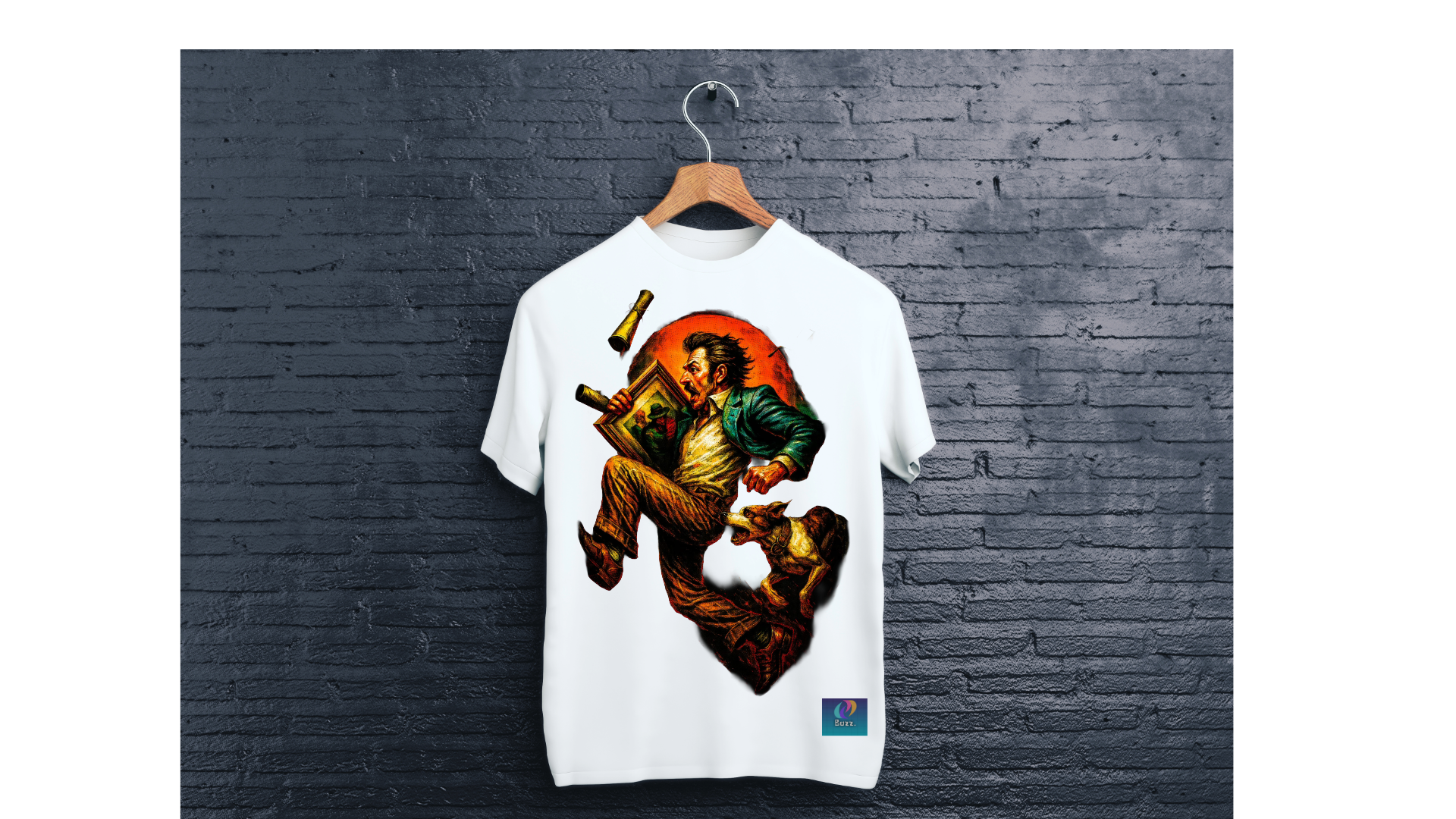 White t-shirt with graphic design of a person playing guitar on a hanger against a dark brick wall.