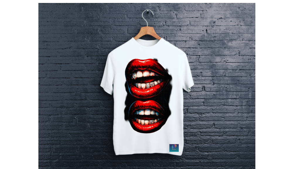 White t-shirt with graphic design of red and black lips on a wooden hanger against a dark brick wall.