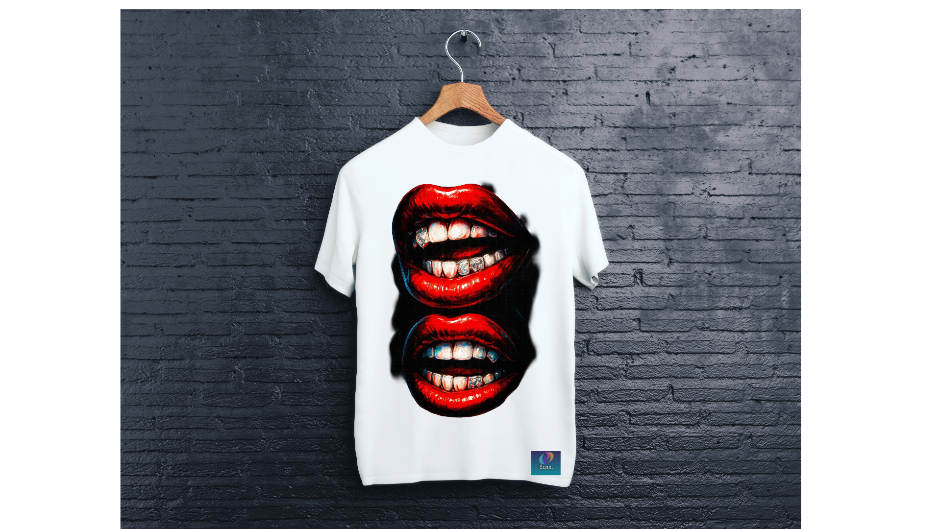 White t-shirt with graphic design of red and black lips on a wooden hanger against a dark brick wall.