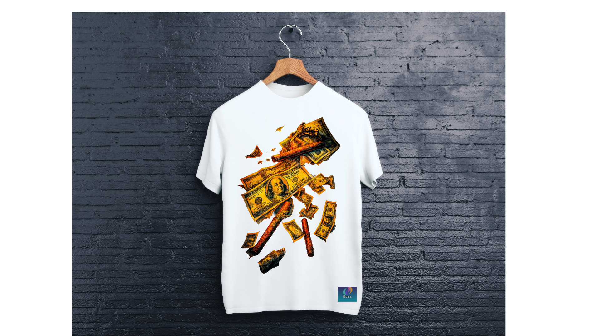 White t-shirt with money design on a wooden hanger against a dark brick wall.