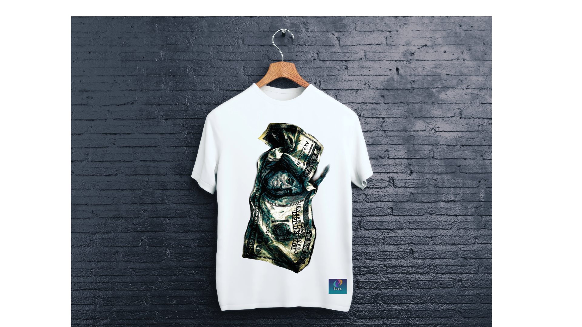White t-shirt with a graphic design on a hanger against a dark brick wall.