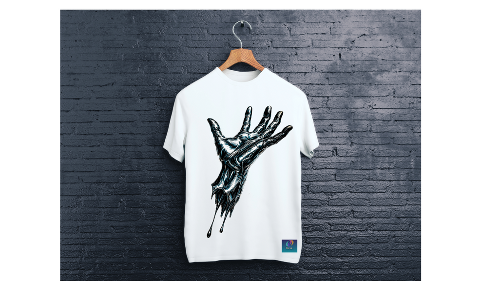 White t-shirt with black graphic design on a hanger against a dark brick wall.