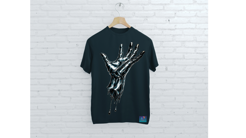 Black t-shirt with a graphic design on a hanger against a white brick wall.