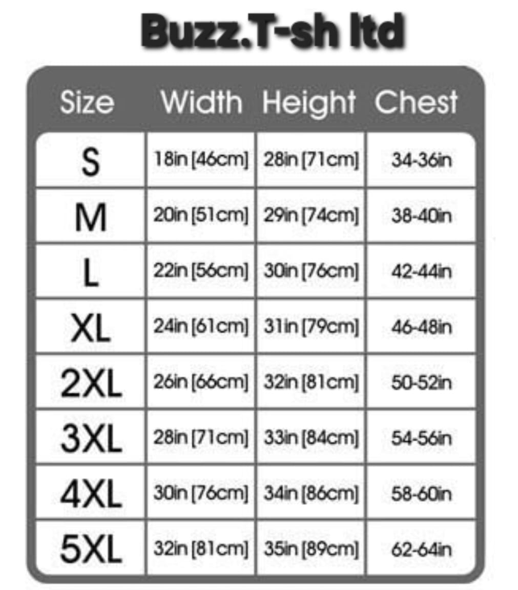 Size chart for clothing with measurements in inches and centimeters, branded 'Buzz.T-sh ltd'.